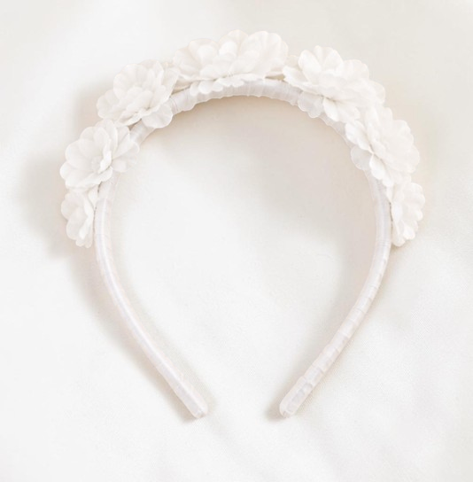 Bandeau floral blanc Le Cocon d'Or pour bébé en mousseline de soie, idéal pour une fête ou un anniversaire