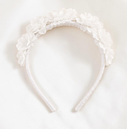 Bandeau floral blanc Le Cocon d'Or pour bébé en mousseline de soie, idéal pour une fête ou un anniversaire