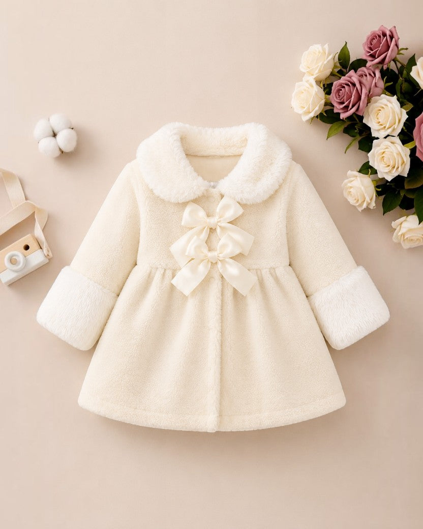 Cardigan Le Cocon d'Or pour bébé fille en polyester crème avec col en fausse fourrure et nœuds décoratifs élégants