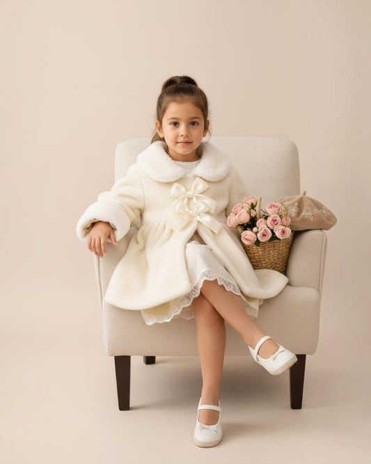 Petite fille portant un cardigan blanc Le Cocon d'Or avec col en fourrure et nœud élégant, assise sur un fauteuil