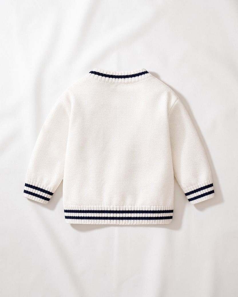 Cardigan en maille blanc Le Cocon d'Or pour bébé avec rayures contrastées bleu marine au col, aux poignets et à la base