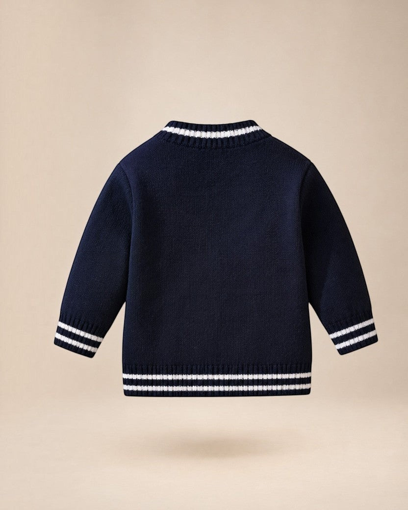 Cardigan Prestige Knit Le Cocon d'Or bleu marine pour bébé garçon avec col en V, finitions rayées et boutons