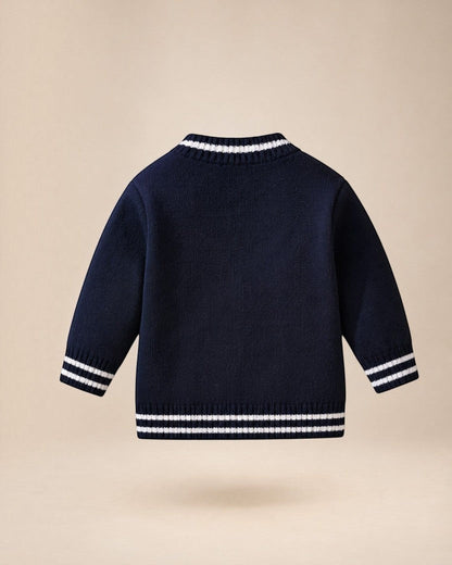Cardigan Prestige Knit Le Cocon d'Or bleu marine pour bébé garçon avec col en V, finitions rayées et boutons