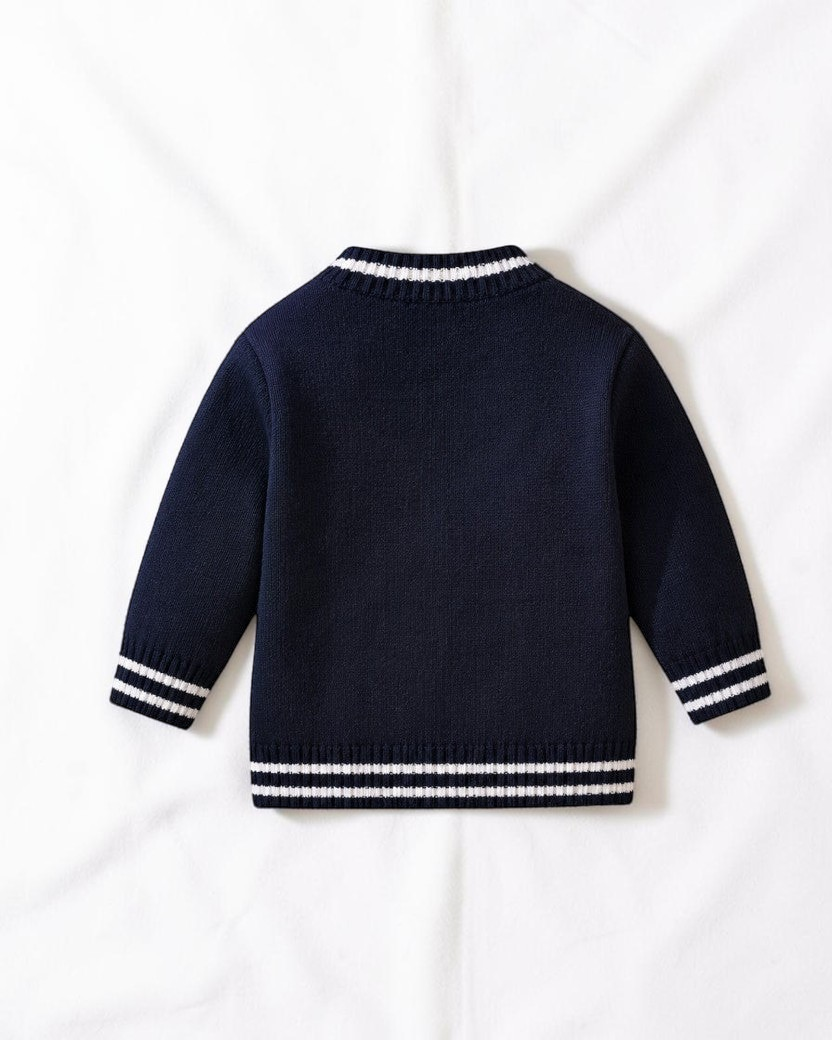 Cardigan Prestige Knit Le Cocon d'Or bleu marine pour bébé garçon avec col en V, finitions rayées et boutons