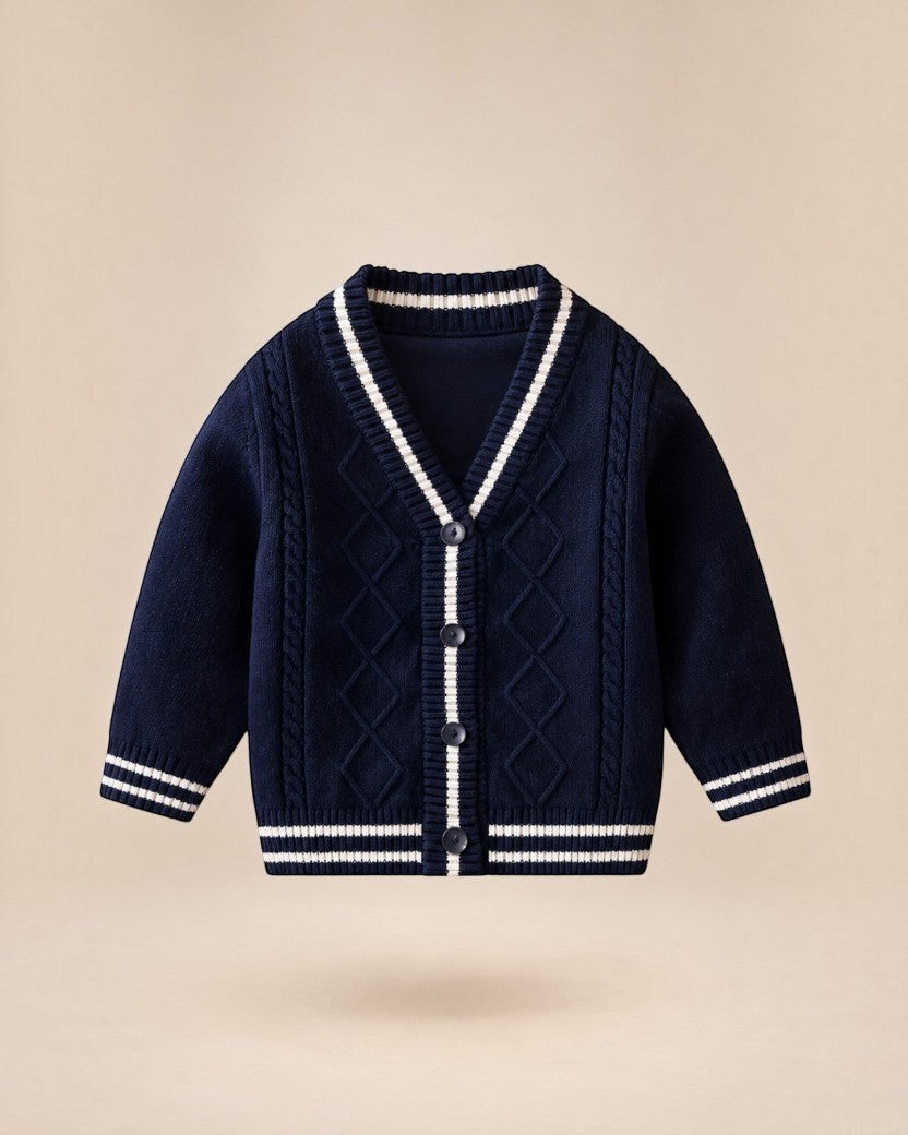 Cardigan en maille texturée bleu marine Le Cocon d'Or avec col en V, bordures contrastées blanches et boutons