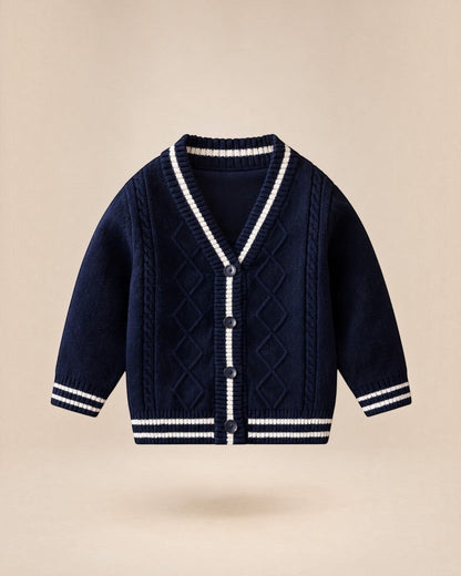 Cardigan en maille texturée bleu marine Le Cocon d'Or avec col en V, bordures contrastées blanches et boutons