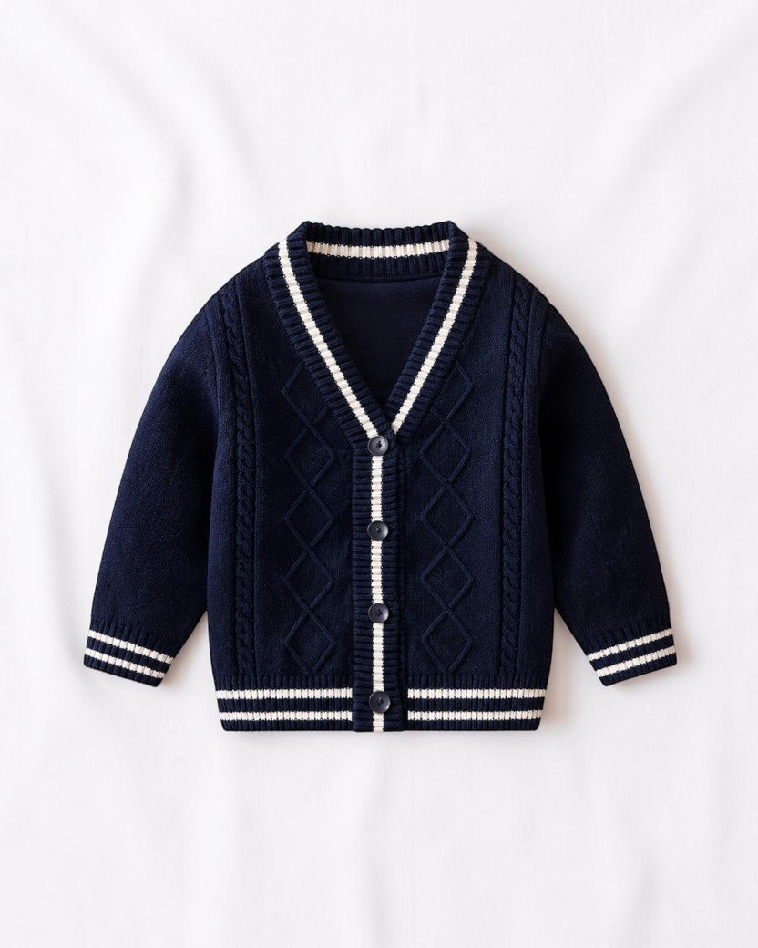Cardigan en maille texturée bleu marine Le Cocon d'Or avec col en V, bordures contrastées blanches et boutons