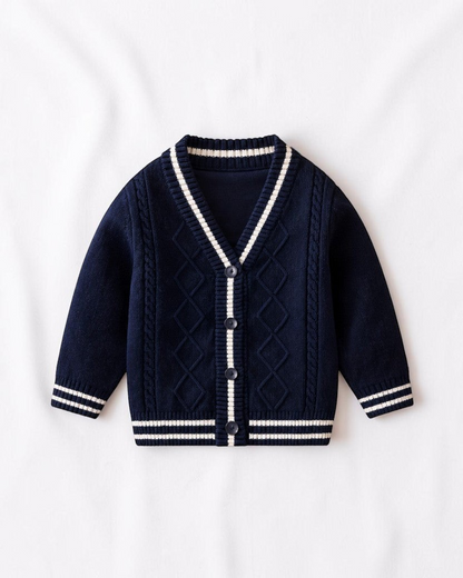 Cardigan en maille texturée bleu marine Le Cocon d'Or avec col en V, bordures contrastées blanches et boutons