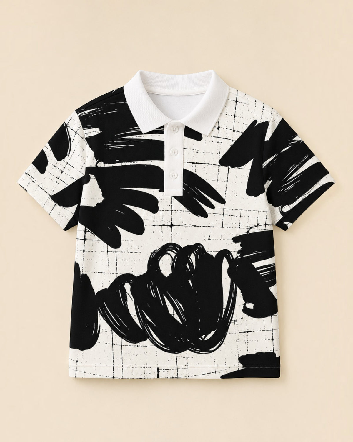 Polo Le Cocon d'Or pour garçon avec imprimé abstrait noir et blanc, col classique et manches courtes en polyester