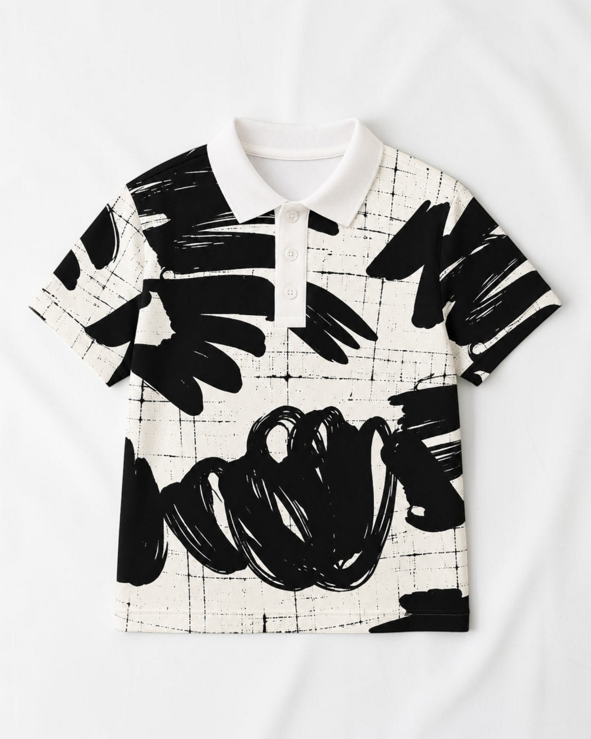 Polo Le Cocon d'Or pour garçon avec imprimé abstrait noir et blanc, col classique et manches courtes en polyester