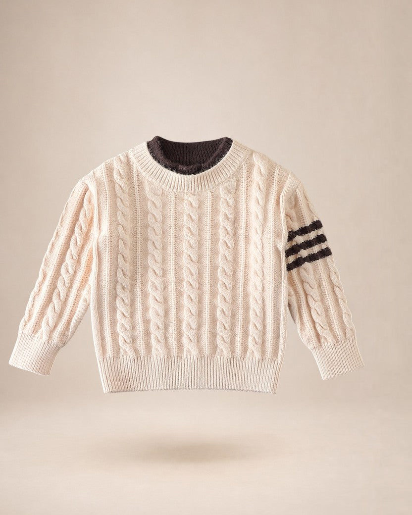 Pull en maille torsadée Le Cocon d'Or beige avec col rond et rayures contrastantes sur la manche pour garçon