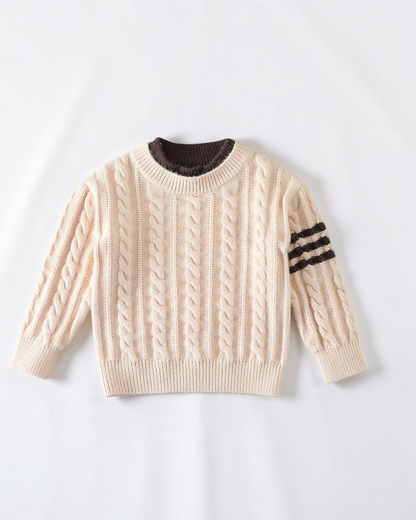 Pull en maille torsadée Le Cocon d'Or beige avec col rond et rayures contrastantes sur la manche pour garçon