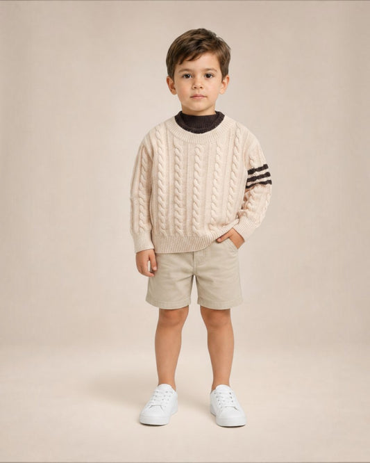 Jeune garçon portant un pull en maille torsadée Le Cocon d'Or beige avec détails rayés sur les manches