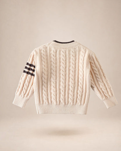 Pull en maille torsadée Le Cocon d'Or beige pour garçon avec rayures contrastantes sur la manche et col rond