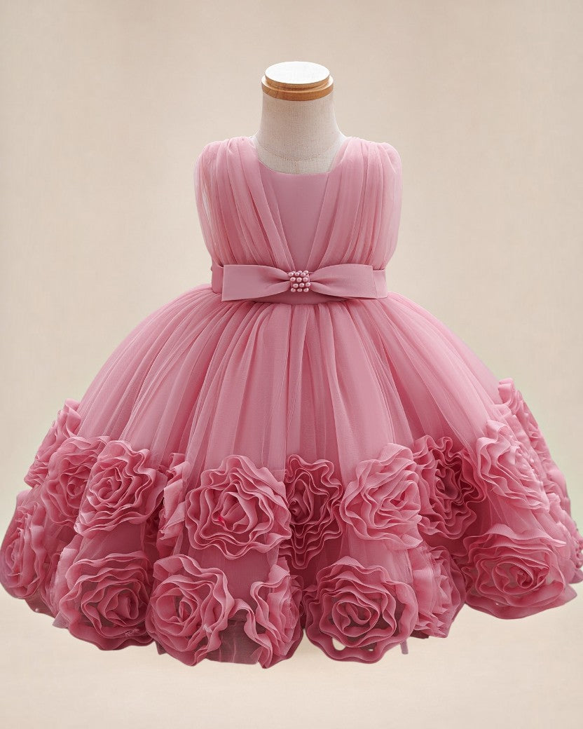 Robe de cérémonie rose Le Cocon d'Or pour bébé fille avec fleurs 3D, perles et jupe évasée en tulle
