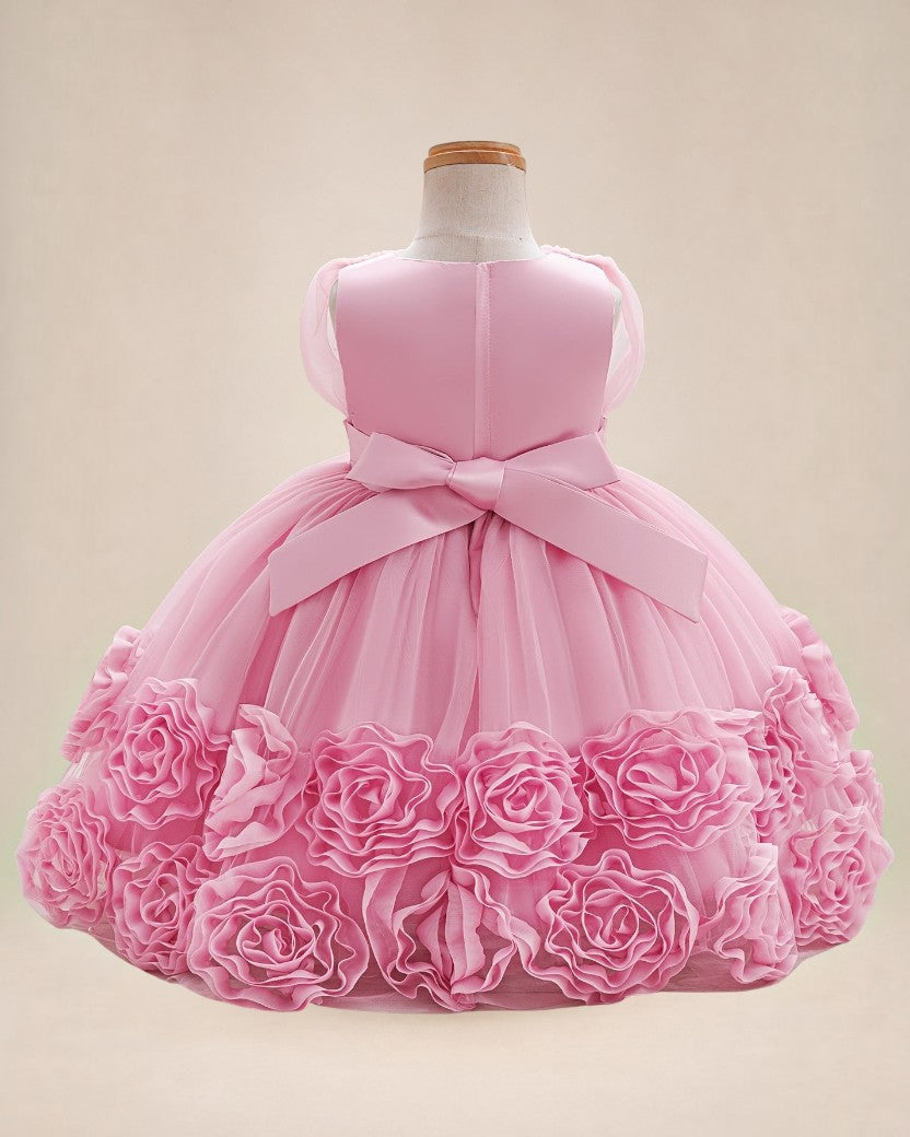 Robe de cérémonie rose Le Cocon d'Or pour bébé fille avec fleurs 3D, nœud papillon et jupe évasée en tulle