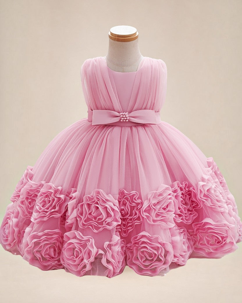 Robe de cérémonie Le Cocon d'Or rose pour bébé fille avec fleurs 3D, perles et jupe évasée en tulle