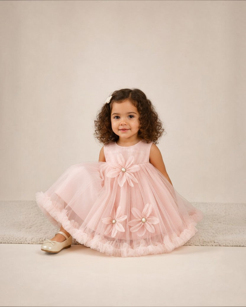 Petite fille portant une robe de princesse rose Le Cocon d'Or avec des fleurs en tulle et des perles
