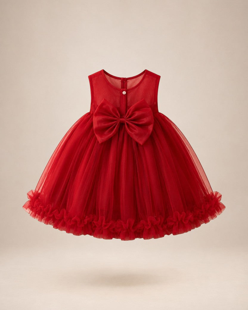 Robe de cérémonie rouge Le Cocon d'Or pour bébé fille avec grand nœud décoratif et jupe en tulle volantée