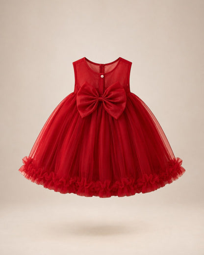 Robe de cérémonie rouge Le Cocon d'Or pour bébé fille avec grand nœud décoratif et jupe en tulle volantée