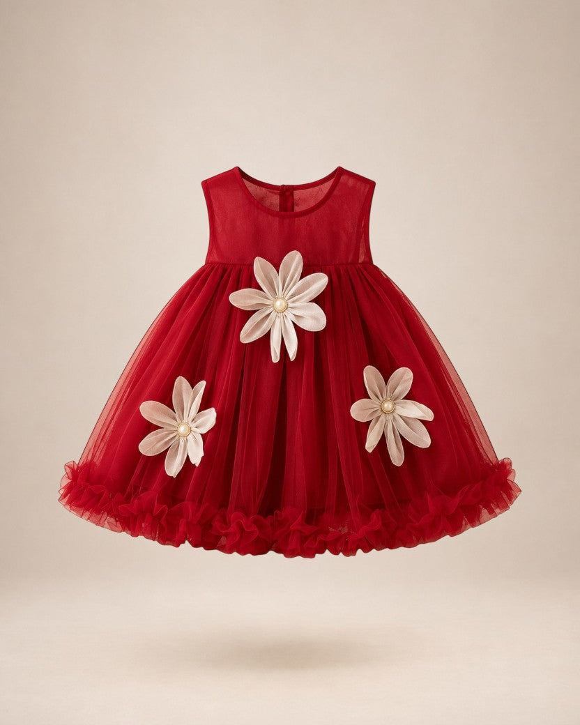 Robe de cérémonie rouge Le Cocon d'Or pour bébé fille avec fleurs décoratives et jupe en tulle volantée