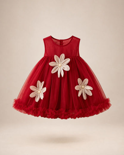 Robe de cérémonie rouge Le Cocon d'Or pour bébé fille avec fleurs décoratives et jupe en tulle volantée