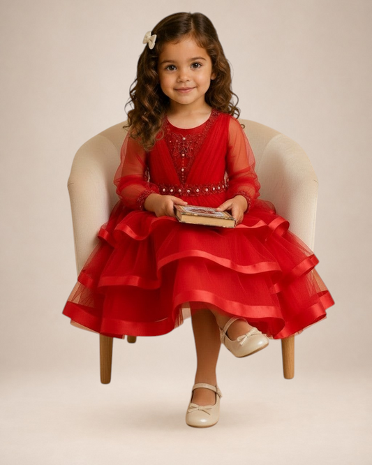 Robe midi rouge Le Cocon d'Or pour fille avec manches bouffantes, détails en perles et jupe évasée en tulle