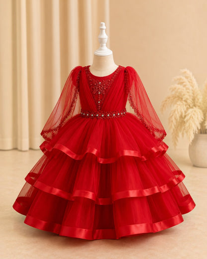 Robe midi rouge Le Cocon d'Or pour fille avec manches bouffantes en tulle, ornements en perles et jupe évasée à volants