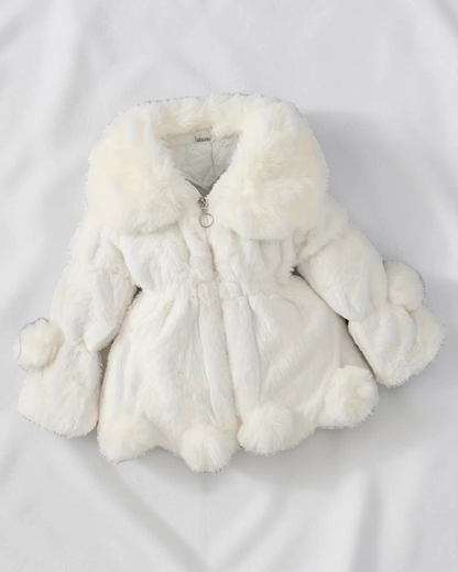 Veste en polaire blanche Le Cocon d'Or pour fille avec col à revers, fermeture éclair et détails en pompons