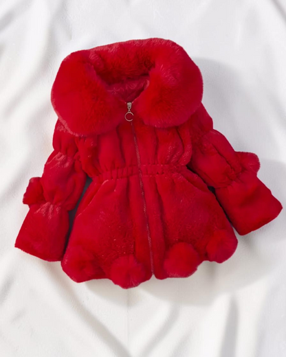 Veste polaire rouge Le Cocon d'Or pour fille avec col en fourrure synthétique, fermeture éclair et détails pompons